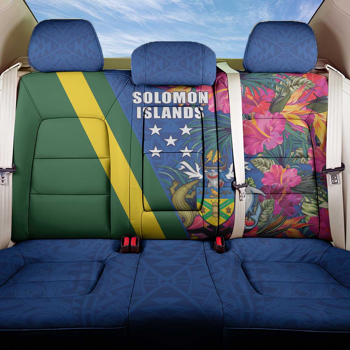 Solomon Islands Independence Day Back Car Seat Cover Coat Of Arms With Tropical Flowers LT05 One Size Blue - Polynesian Pride