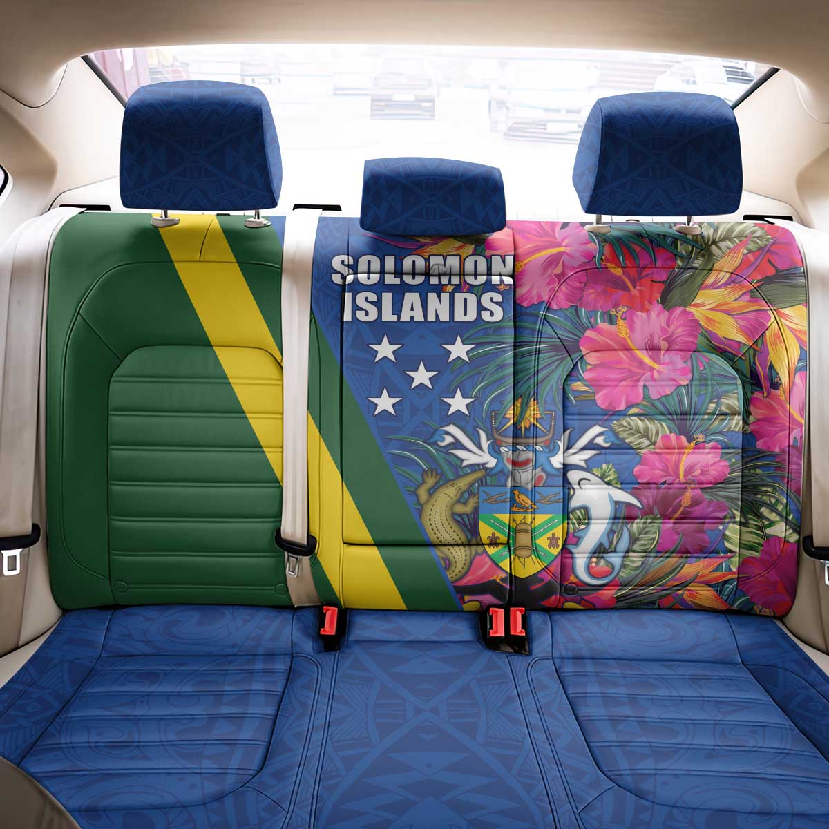 Solomon Islands Independence Day Back Car Seat Cover Coat Of Arms With Tropical Flowers LT05 - Polynesian Pride