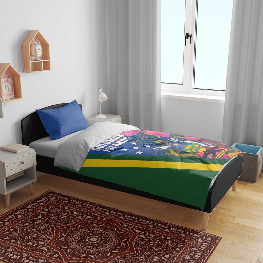 Solomon Islands Independence Day Bedding Set Coat Of Arms With Tropical Flowers