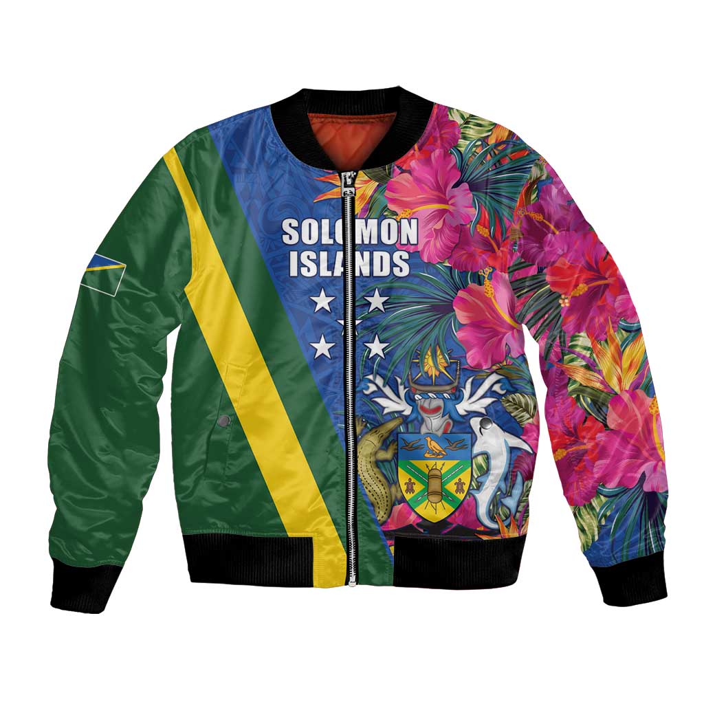 Solomon Islands Independence Day Bomber Jacket Coat Of Arms With Tropical Flowers