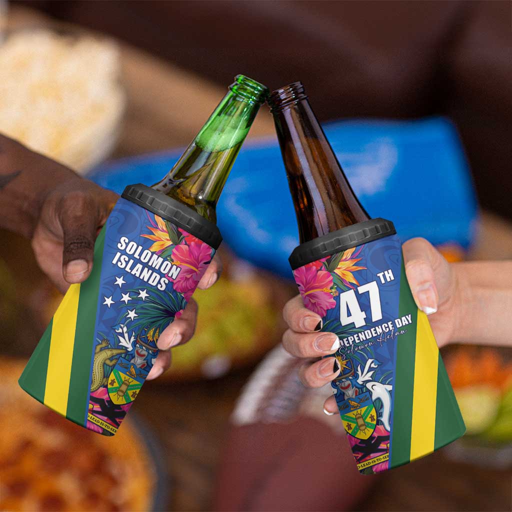 Solomon Islands Independence Day 4 in 1 Can Cooler Tumbler Coat Of Arms With Tropical Flowers LT05 - Polynesian Pride