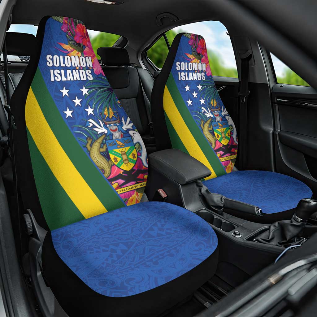 Solomon Islands Independence Day Car Seat Cover Coat Of Arms With Tropical Flowers LT05 One Size Blue - Polynesian Pride