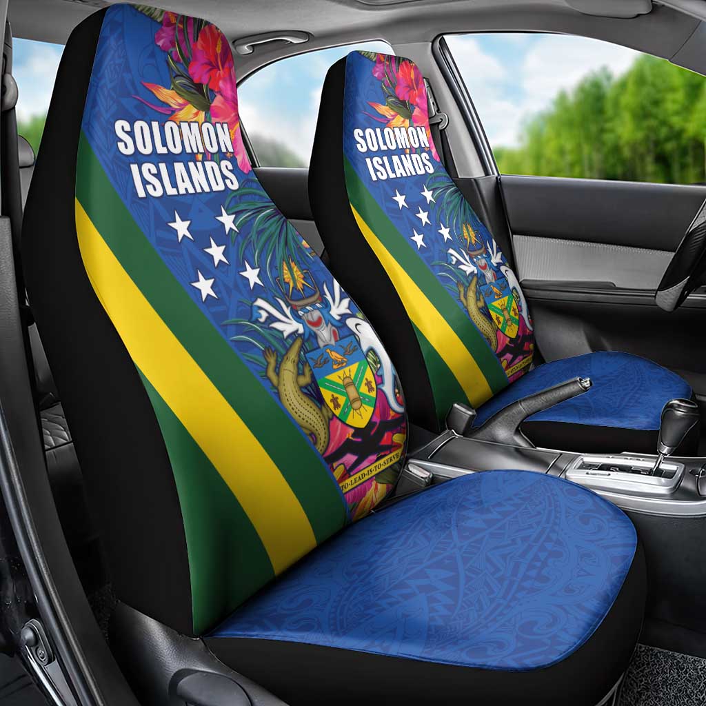 Solomon Islands Independence Day Car Seat Cover Coat Of Arms With Tropical Flowers LT05 - Polynesian Pride
