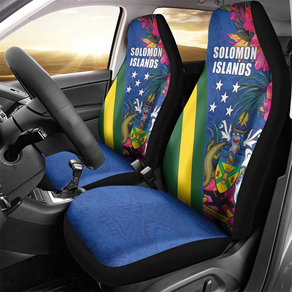 Solomon Islands Independence Day Car Seat Cover Coat Of Arms With Tropical Flowers LT05 - Polynesian Pride