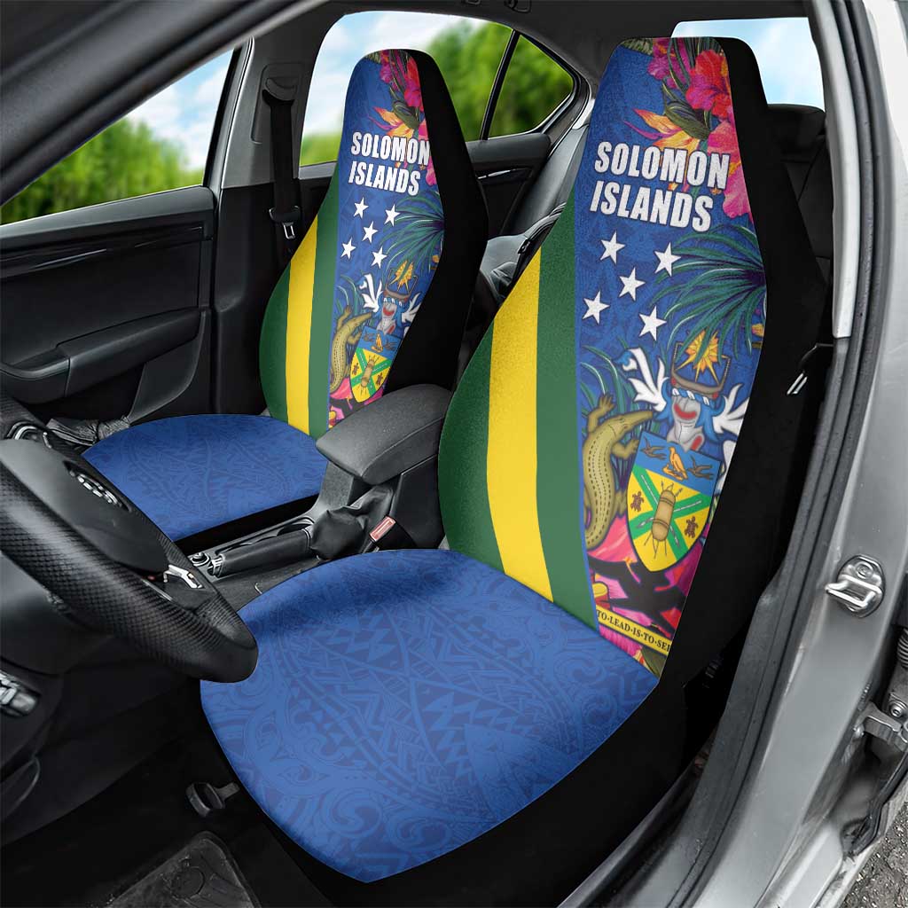 Solomon Islands Independence Day Car Seat Cover Coat Of Arms With Tropical Flowers LT05 - Polynesian Pride