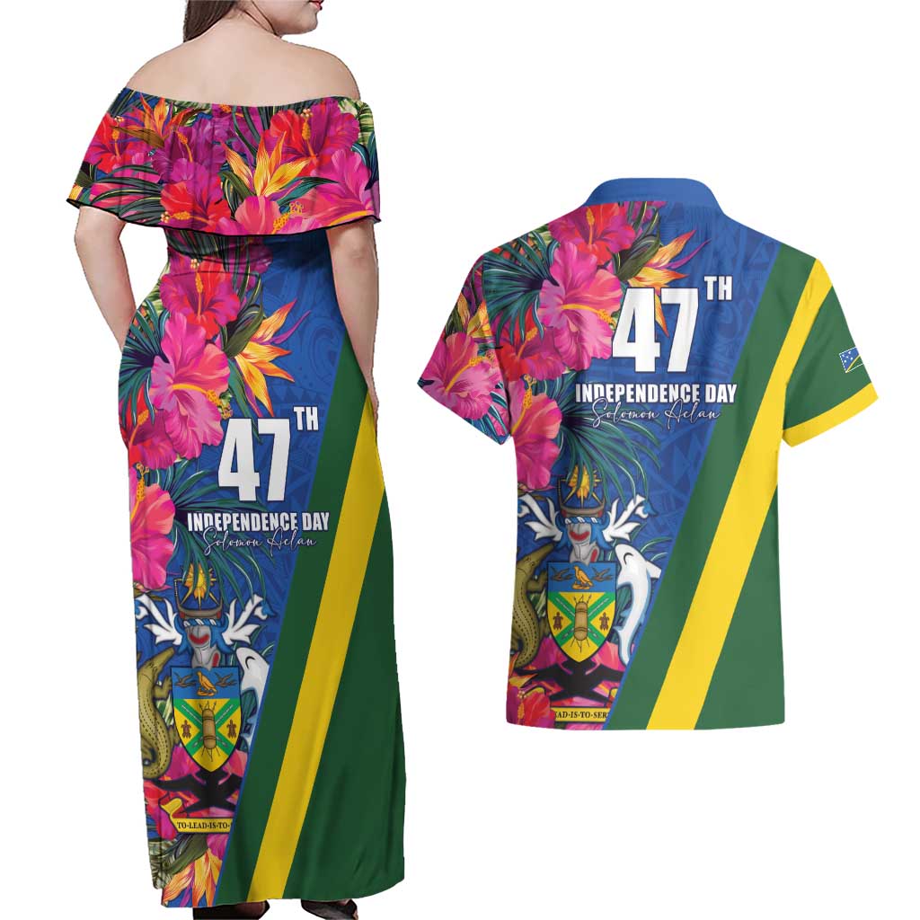 Solomon Islands Independence Day Couples Matching Off Shoulder Maxi Dress and Hawaiian Shirt Coat Of Arms With Tropical Flowers