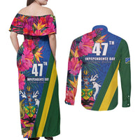 Solomon Islands Independence Day Couples Matching Off Shoulder Maxi Dress and Long Sleeve Button Shirt Coat Of Arms With Tropical Flowers LT05 - Polynesian Pride