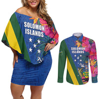 Solomon Islands Independence Day Couples Matching Off Shoulder Short Dress and Long Sleeve Button Shirt Coat Of Arms With Tropical Flowers LT05 Blue - Polynesian Pride