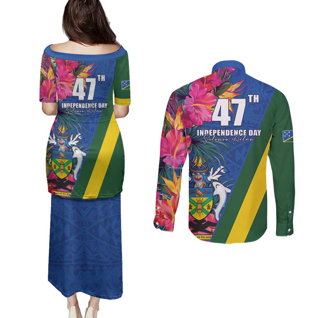 Solomon Islands Independence Day Couples Matching Puletasi and Long Sleeve Button Shirt Coat Of Arms With Tropical Flowers LT05 - Polynesian Pride