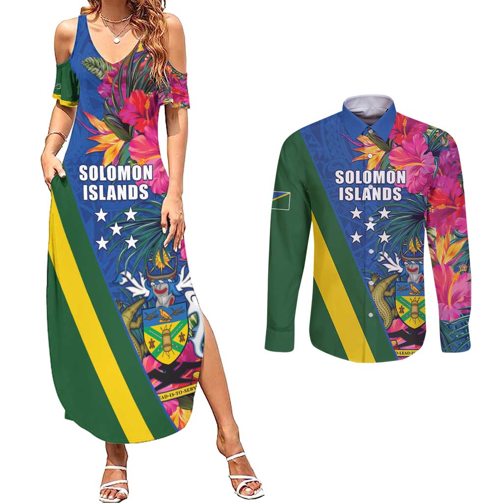 Solomon Islands Independence Day Couples Matching Summer Maxi Dress and Long Sleeve Button Shirt Coat Of Arms With Tropical Flowers