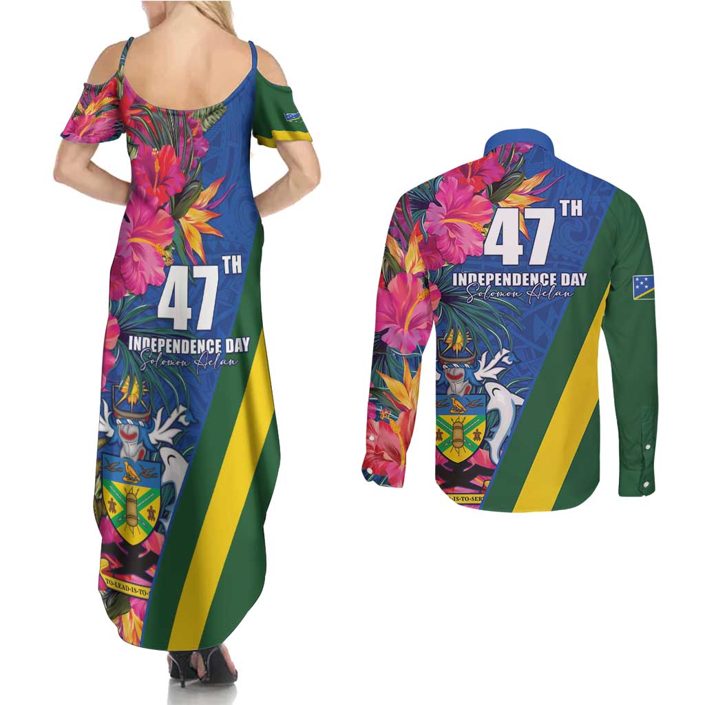 Solomon Islands Independence Day Couples Matching Summer Maxi Dress and Long Sleeve Button Shirt Coat Of Arms With Tropical Flowers LT05 - Polynesian Pride
