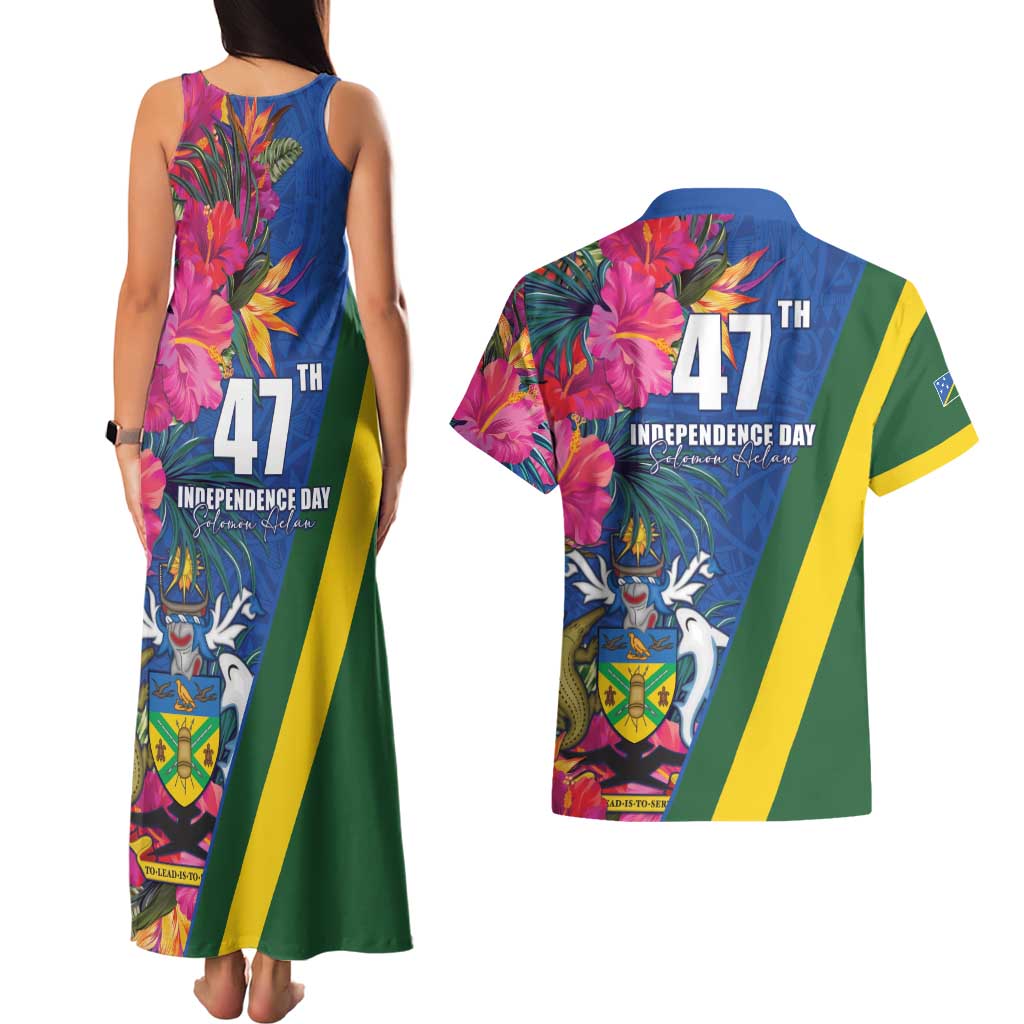 Solomon Islands Independence Day Couples Matching Tank Maxi Dress and Hawaiian Shirt Coat Of Arms With Tropical Flowers