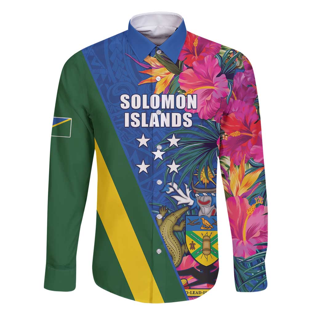 Solomon Islands Independence Day Family Matching Long Sleeve Bodycon Dress and Hawaiian Shirt Coat Of Arms With Tropical Flowers