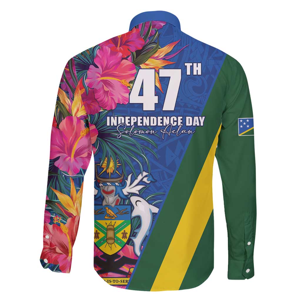Solomon Islands Independence Day Family Matching Long Sleeve Bodycon Dress and Hawaiian Shirt Coat Of Arms With Tropical Flowers