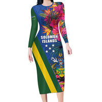 Solomon Islands Independence Day Family Matching Long Sleeve Bodycon Dress and Hawaiian Shirt Coat Of Arms With Tropical Flowers