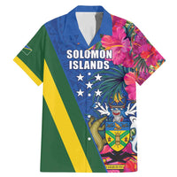 Solomon Islands Independence Day Family Matching Mermaid Dress and Hawaiian Shirt Coat Of Arms With Tropical Flowers LT05 Dad's Shirt - Short Sleeve Blue - Polynesian Pride