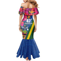 Solomon Islands Independence Day Family Matching Mermaid Dress and Hawaiian Shirt Coat Of Arms With Tropical Flowers LT05 - Polynesian Pride