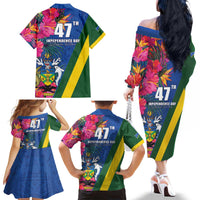 Solomon Islands Independence Day Family Matching Off The Shoulder Long Sleeve Dress and Hawaiian Shirt Coat Of Arms With Tropical Flowers