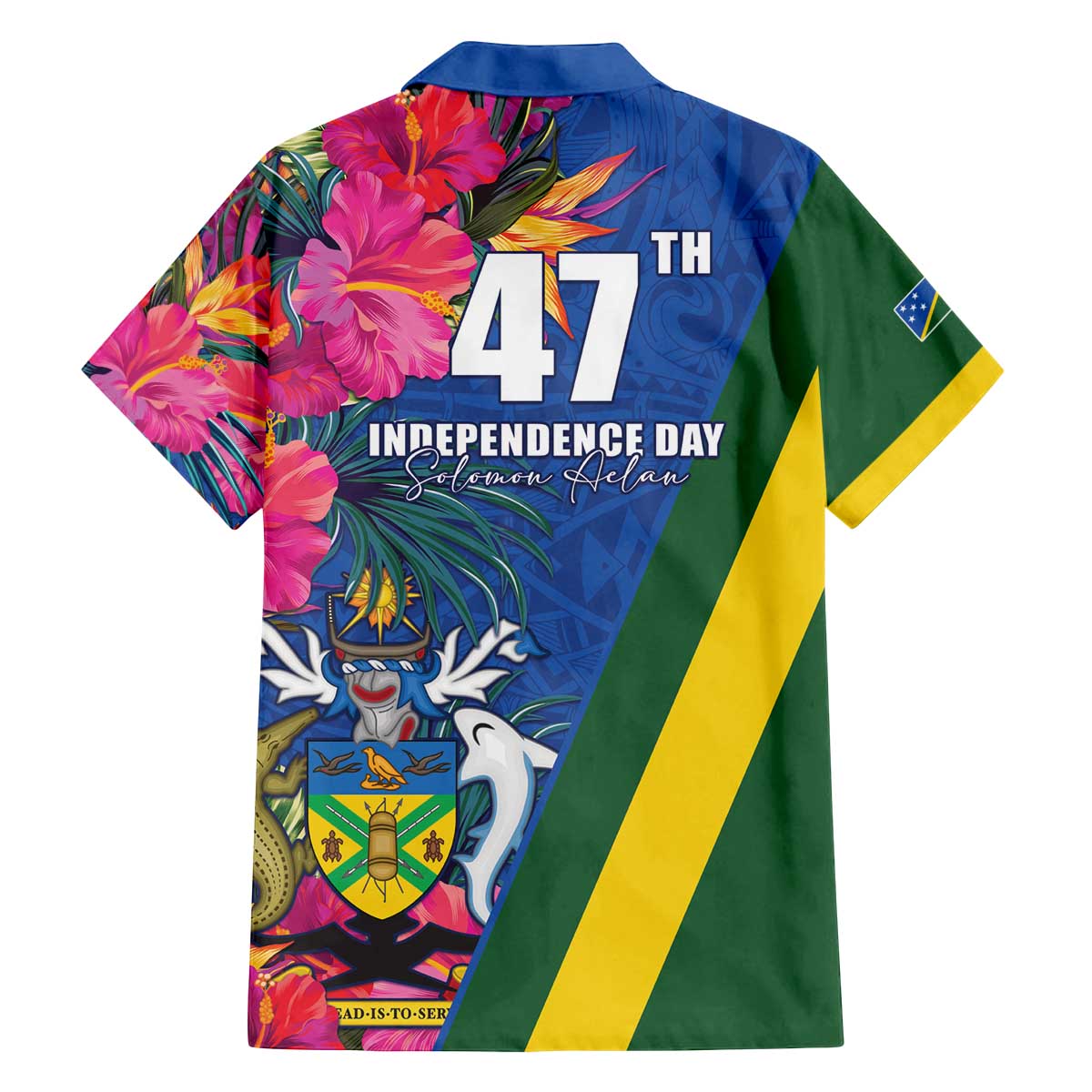 Solomon Islands Independence Day Family Matching Off The Shoulder Long Sleeve Dress and Hawaiian Shirt Coat Of Arms With Tropical Flowers