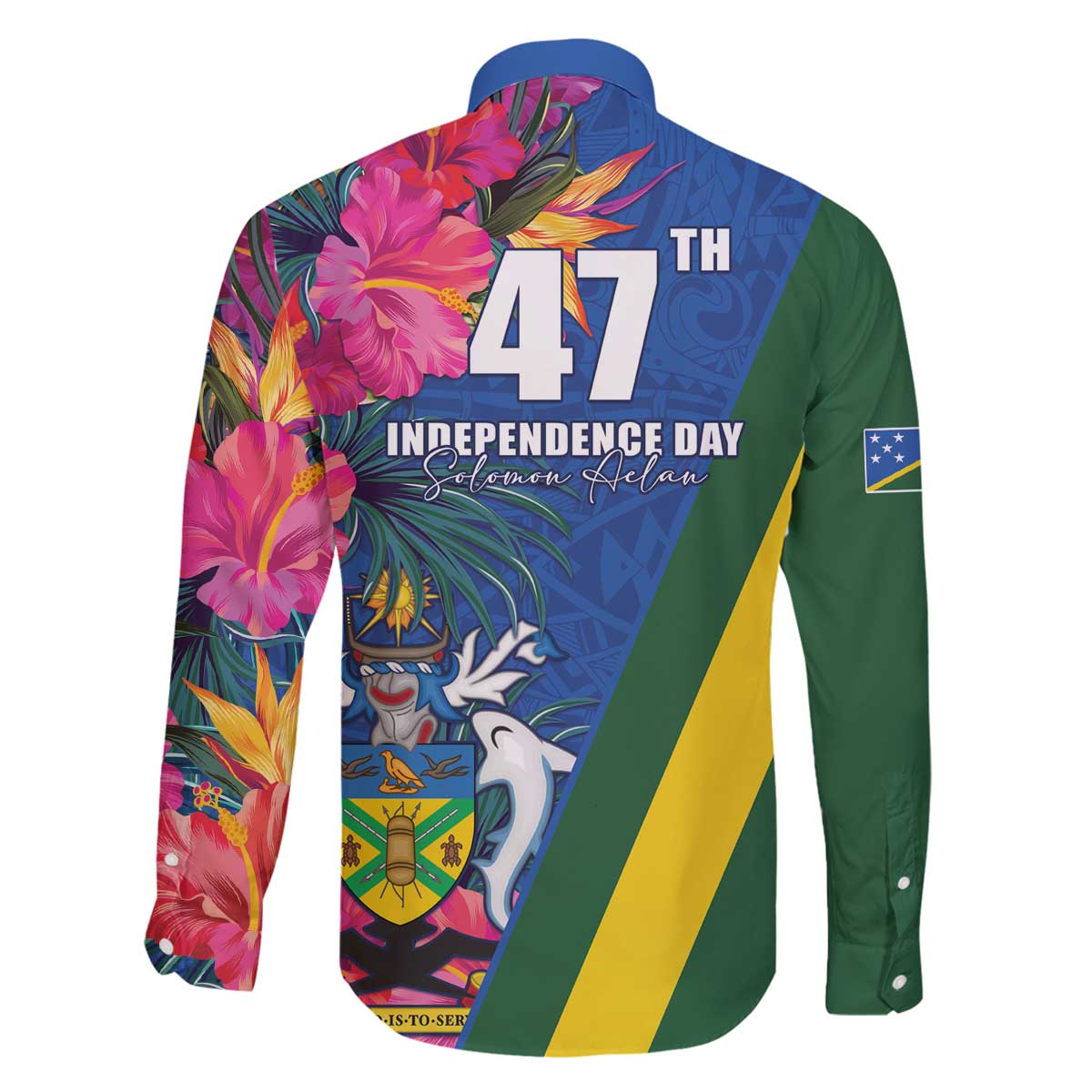 Solomon Islands Independence Day Family Matching Off The Shoulder Long Sleeve Dress and Hawaiian Shirt Coat Of Arms With Tropical Flowers