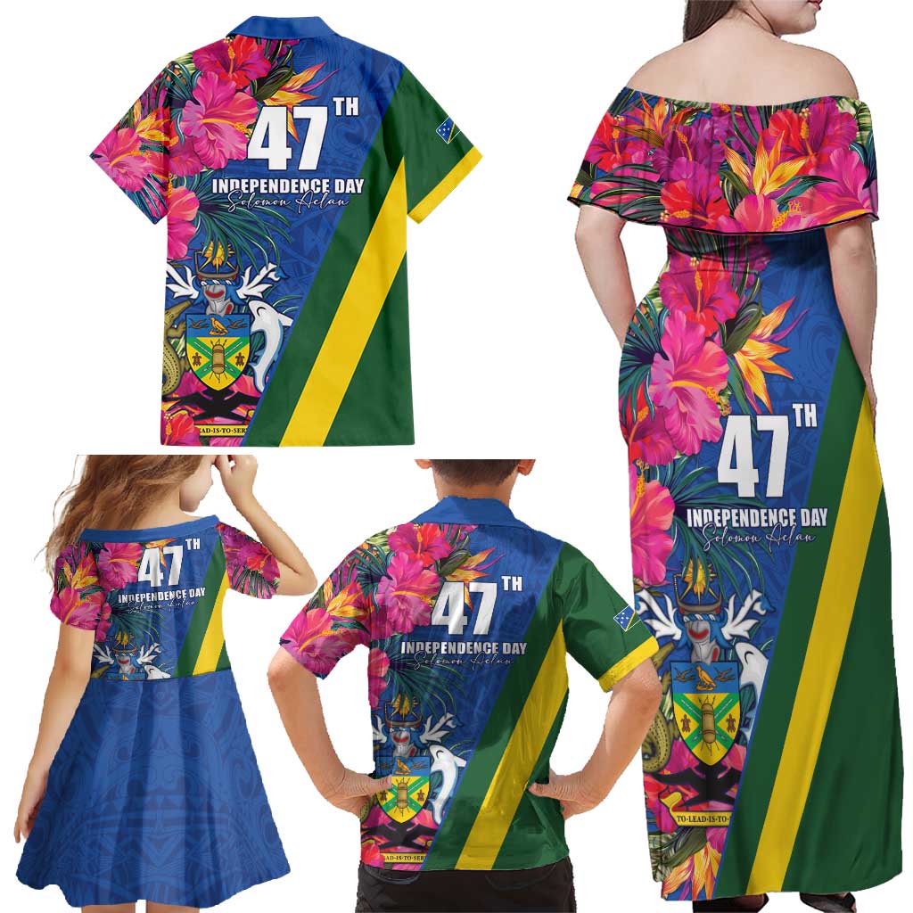 Solomon Islands Independence Day Family Matching Off Shoulder Maxi Dress and Hawaiian Shirt Coat Of Arms With Tropical Flowers