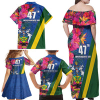 Solomon Islands Independence Day Family Matching Off Shoulder Maxi Dress and Hawaiian Shirt Coat Of Arms With Tropical Flowers