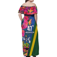 Solomon Islands Independence Day Family Matching Off Shoulder Maxi Dress and Hawaiian Shirt Coat Of Arms With Tropical Flowers