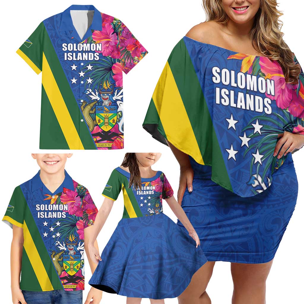 Solomon Islands Independence Day Family Matching Off Shoulder Short Dress and Hawaiian Shirt Coat Of Arms With Tropical Flowers