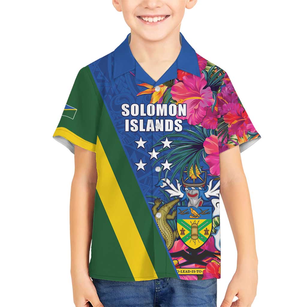 Solomon Islands Independence Day Family Matching Off Shoulder Short Dress and Hawaiian Shirt Coat Of Arms With Tropical Flowers