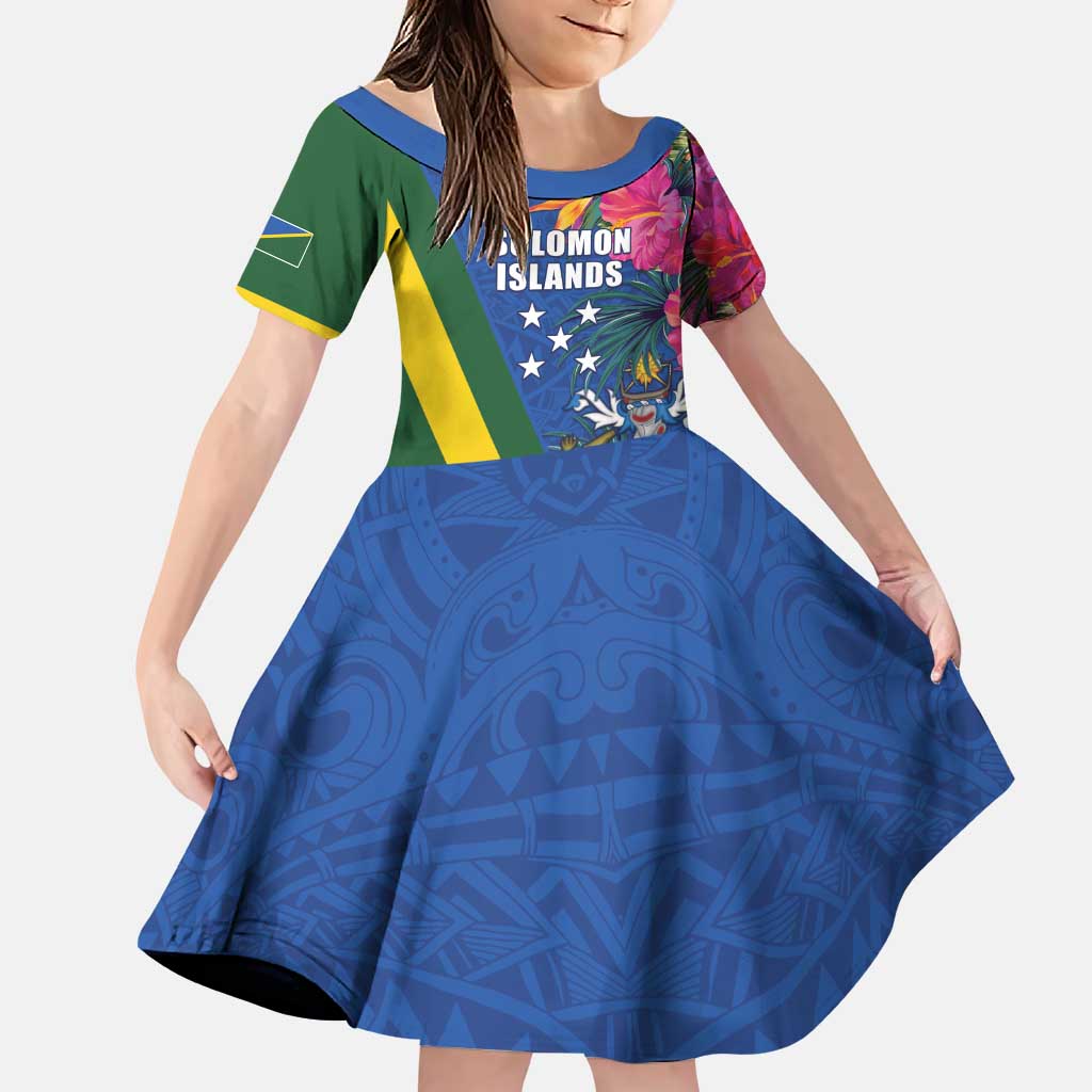 Solomon Islands Independence Day Family Matching Puletasi and Hawaiian Shirt Coat Of Arms With Tropical Flowers LT05 Daughter's Dress Blue - Polynesian Pride
