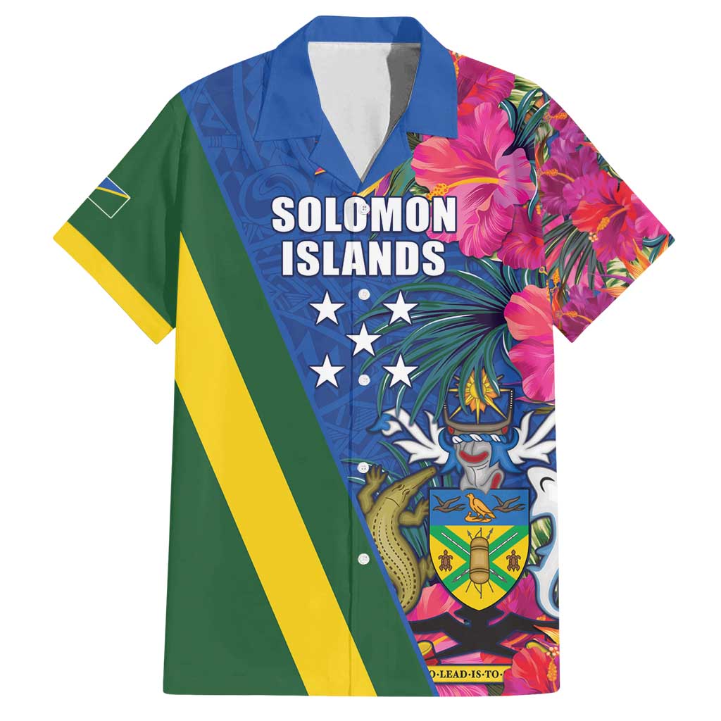 Solomon Islands Independence Day Family Matching Puletasi and Hawaiian Shirt Coat Of Arms With Tropical Flowers LT05 Dad's Shirt - Short Sleeve Blue - Polynesian Pride