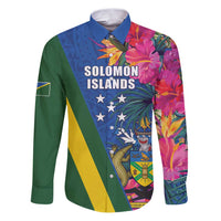 Solomon Islands Independence Day Family Matching Puletasi and Hawaiian Shirt Coat Of Arms With Tropical Flowers LT05 Dad's Shirt - Long Sleeve Blue - Polynesian Pride