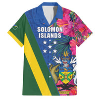 Solomon Islands Independence Day Family Matching Short Sleeve Bodycon Dress and Hawaiian Shirt Coat Of Arms With Tropical Flowers LT05 Dad's Shirt - Short Sleeve Blue - Polynesian Pride