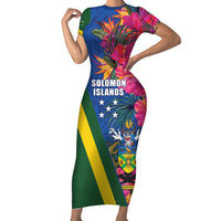 Solomon Islands Independence Day Family Matching Short Sleeve Bodycon Dress and Hawaiian Shirt Coat Of Arms With Tropical Flowers LT05 Mom's Dress Blue - Polynesian Pride