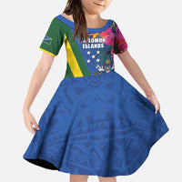 Solomon Islands Independence Day Family Matching Summer Maxi Dress and Hawaiian Shirt Coat Of Arms With Tropical Flowers LT05 Daughter's Dress Blue - Polynesian Pride