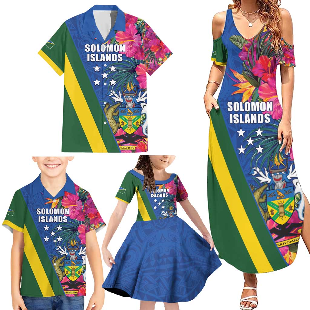 Solomon Islands Independence Day Family Matching Summer Maxi Dress and Hawaiian Shirt Coat Of Arms With Tropical Flowers