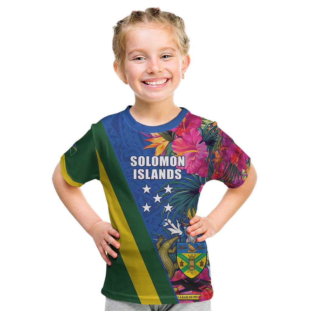 Solomon Islands Independence Day Kid T Shirt Coat Of Arms With Tropical Flowers LT05 Blue - Polynesian Pride