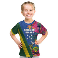 Solomon Islands Independence Day Kid T Shirt Coat Of Arms With Tropical Flowers LT05 Blue - Polynesian Pride