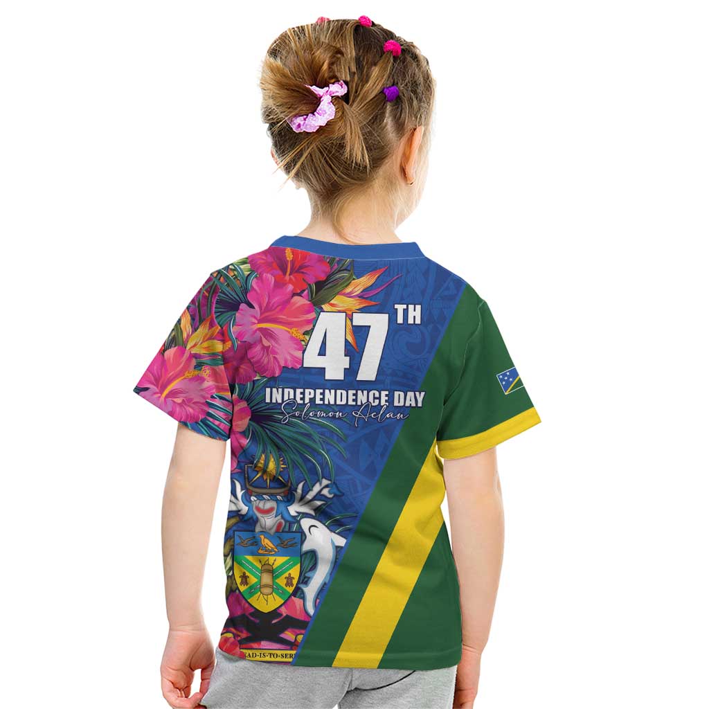 Solomon Islands Independence Day Kid T Shirt Coat Of Arms With Tropical Flowers LT05 - Polynesian Pride