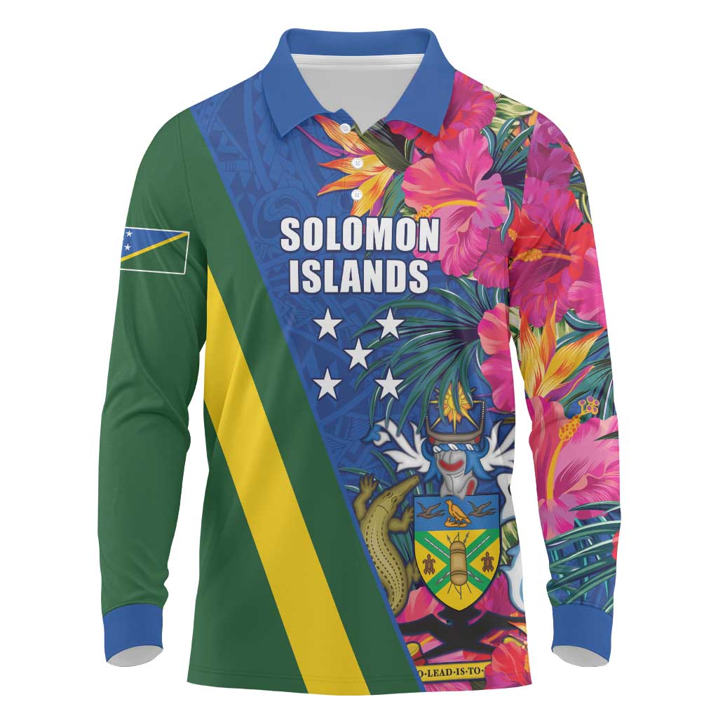 Solomon Islands Independence Day Long Sleeve Polo Shirt Coat Of Arms With Tropical Flowers