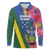 Solomon Islands Independence Day Long Sleeve Polo Shirt Coat Of Arms With Tropical Flowers LT05 Blue - Polynesian Pride
