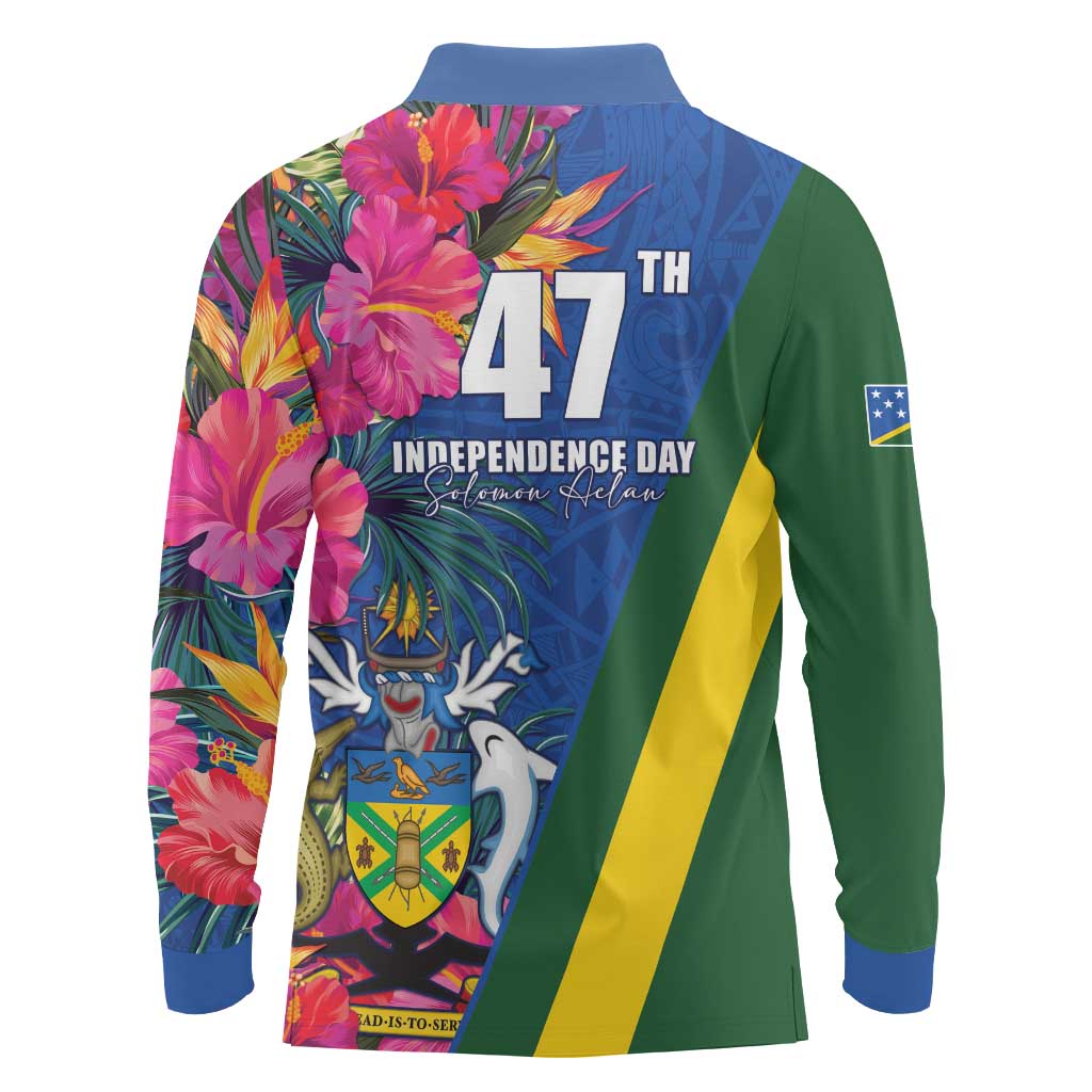 Solomon Islands Independence Day Long Sleeve Polo Shirt Coat Of Arms With Tropical Flowers LT05 - Polynesian Pride