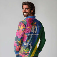 Solomon Islands Independence Day Long Sleeve Polo Shirt Coat Of Arms With Tropical Flowers LT05 - Polynesian Pride