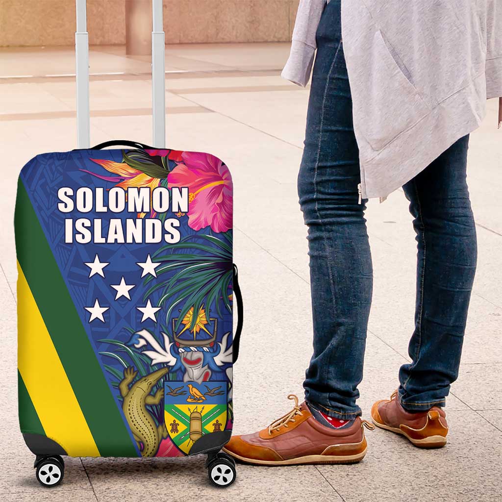 Solomon Islands Independence Day Luggage Cover Coat Of Arms With Tropical Flowers LT05 Blue - Polynesian Pride