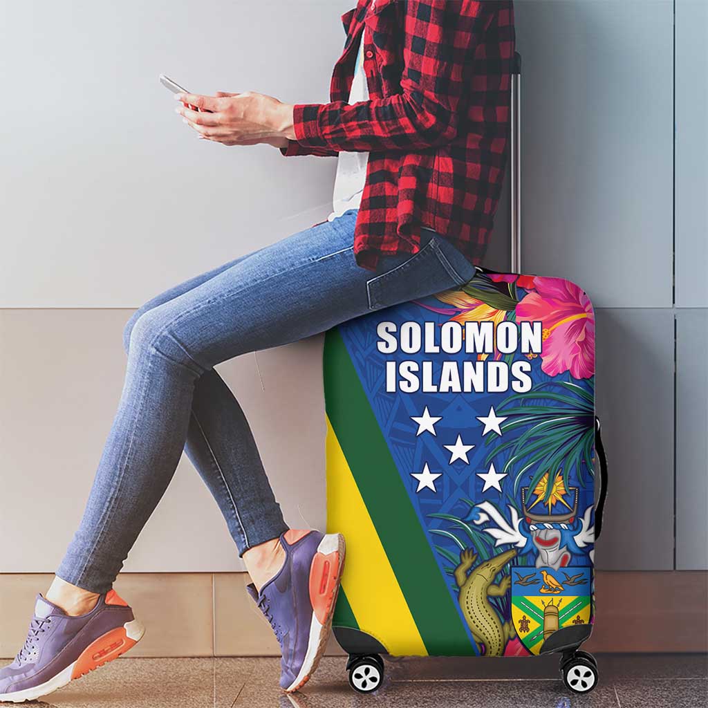 Solomon Islands Independence Day Luggage Cover Coat Of Arms With Tropical Flowers LT05 - Polynesian Pride