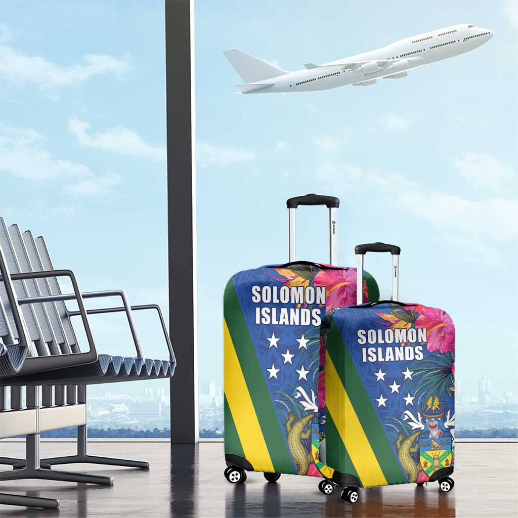 Solomon Islands Independence Day Luggage Cover Coat Of Arms With Tropical Flowers LT05 - Polynesian Pride