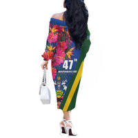 Solomon Islands Independence Day Off The Shoulder Long Sleeve Dress Coat Of Arms With Tropical Flowers