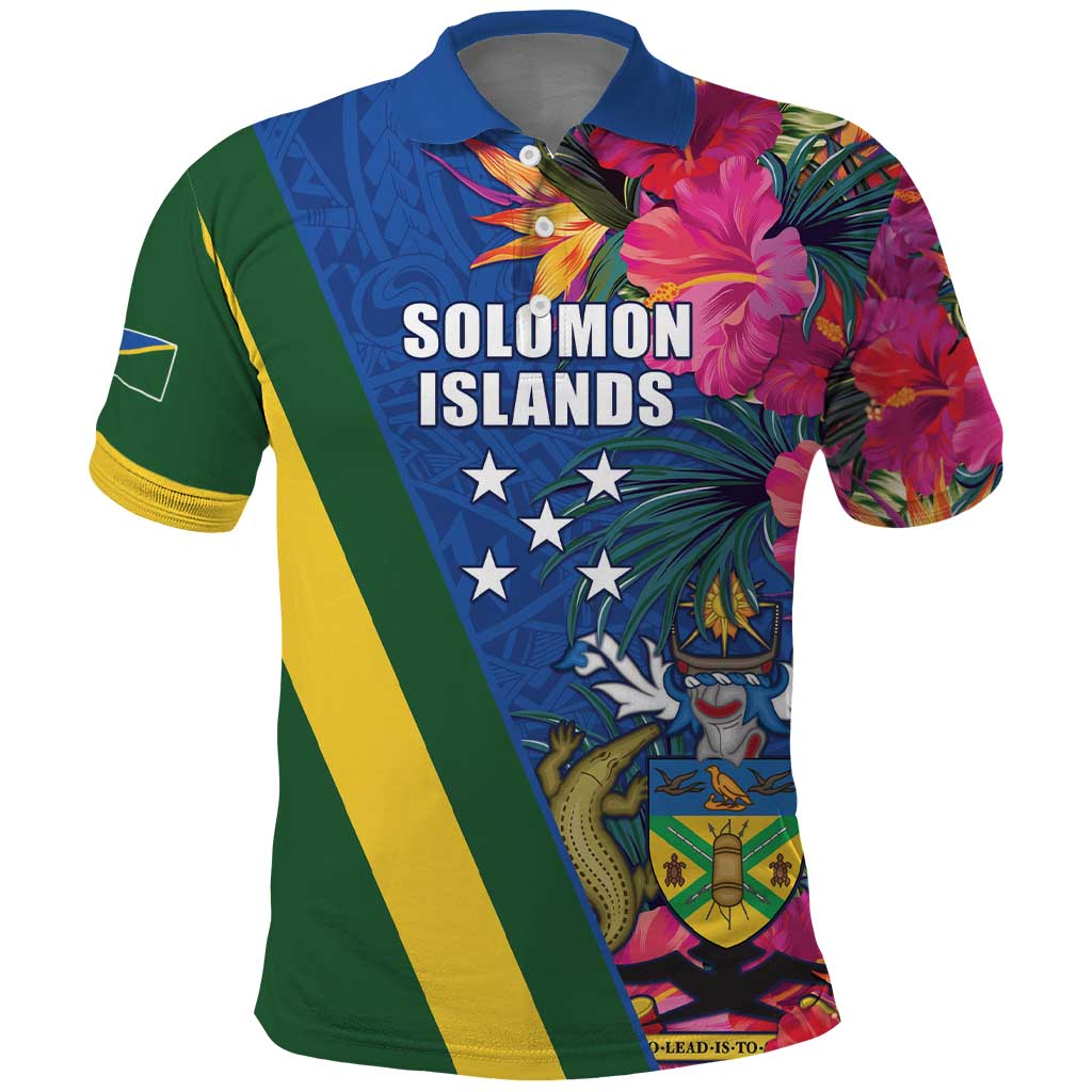 Solomon Islands Independence Day Polo Shirt Coat Of Arms With Tropical Flowers