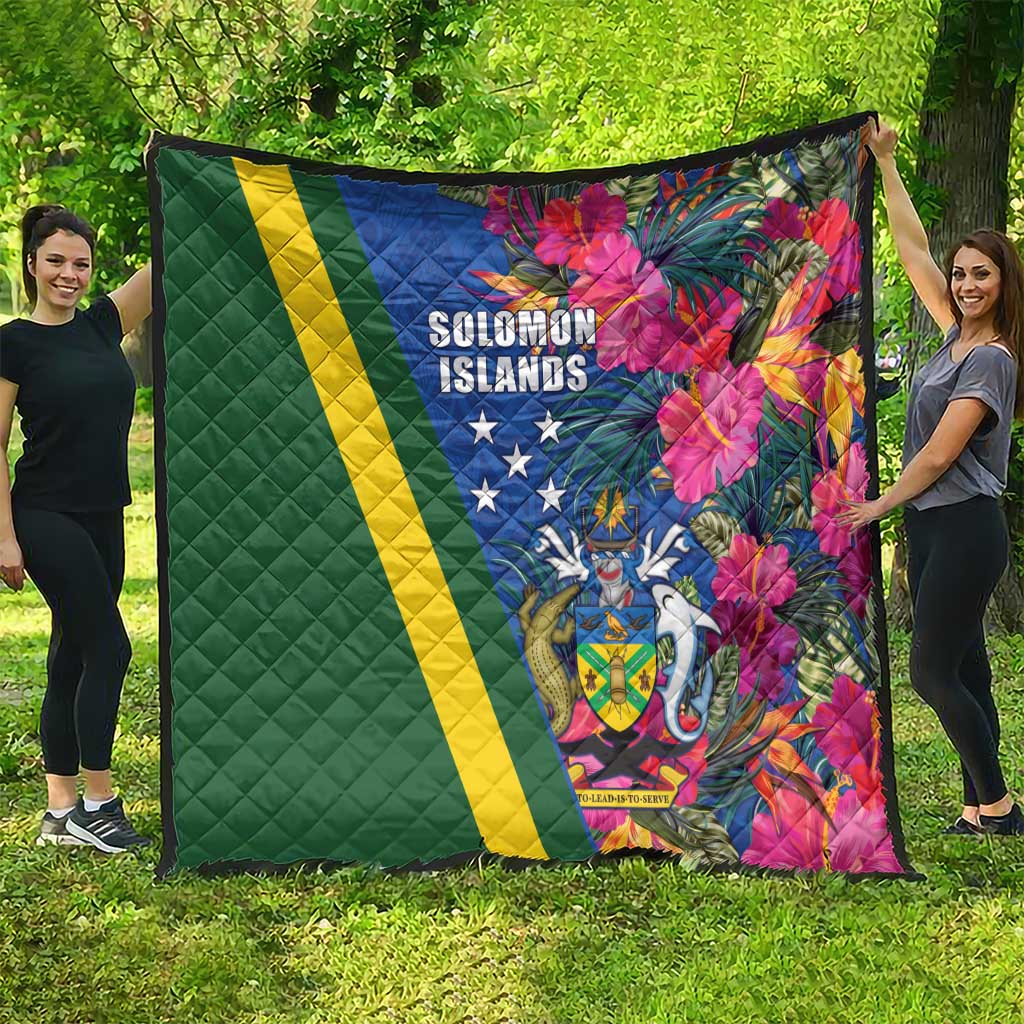 Solomon Islands Independence Day Quilt Coat Of Arms With Tropical Flowers LT05 - Polynesian Pride
