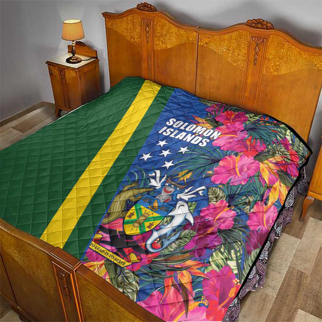 Solomon Islands Independence Day Quilt Coat Of Arms With Tropical Flowers LT05 - Polynesian Pride